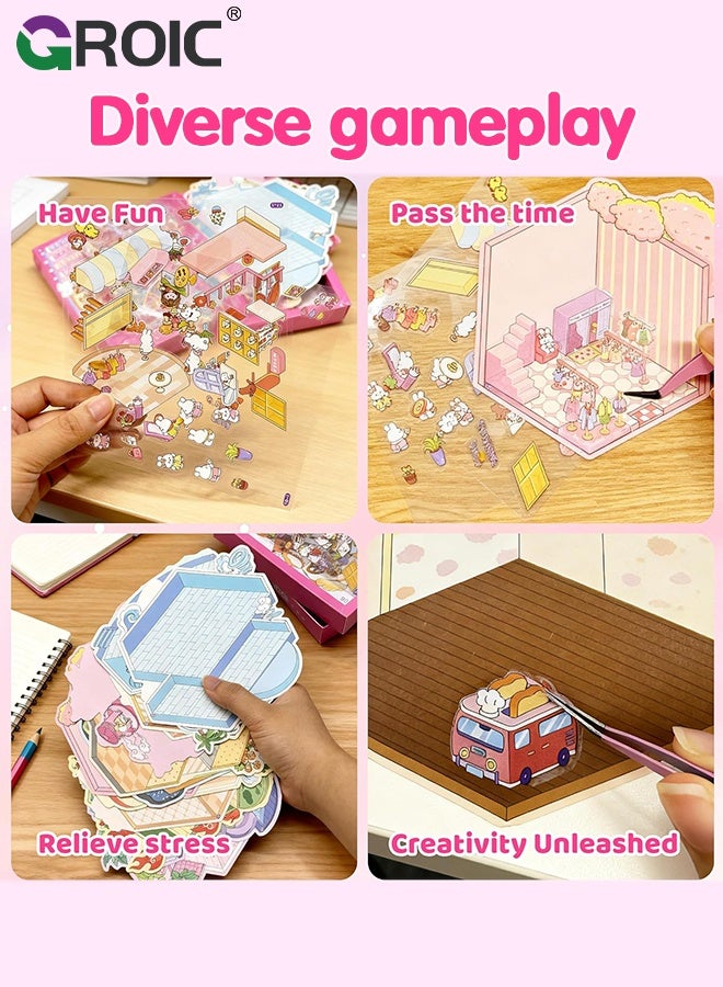 GROIC 20 Sets 3D Sticker Scen, Scene Sticker Book for Adult Kids for Relief Stress Pass The Time, Make Your Own Cute 3D Miniature Stickers Scene Sticker, Build Decorative Miniature House, Landscape Scenes - Image 5